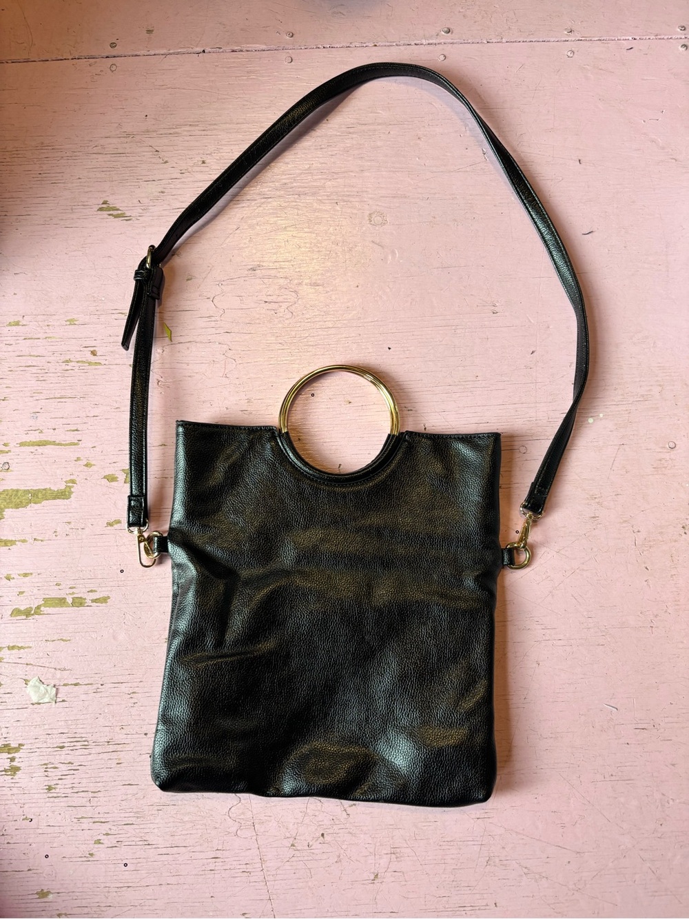 Black Leather Crossbody with Gold Ring Handle